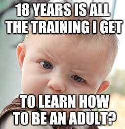 Adult Training 101 | 18 YEARS IS ALL THE TRAINING I GET; TO LEARN HOW TO BE AN ADULT? | image tagged in funny,memes,skeptical baby,let it grow,big | made w/ Imgflip meme maker