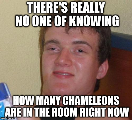 10 Guy | THERE'S REALLY NO ONE OF KNOWING; HOW MANY CHAMELEONS ARE IN THE ROOM RIGHT NOW | image tagged in memes,10 guy | made w/ Imgflip meme maker