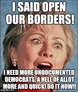 Ugly Hillary Clinton | I SAID OPEN OUR BORDERS! I NEED MORE UNDOCUMENTED DEMOCRATS, A HELL OF ALLOT MORE AND QUICK! DO IT NOW!! | image tagged in ugly hillary clinton | made w/ Imgflip meme maker