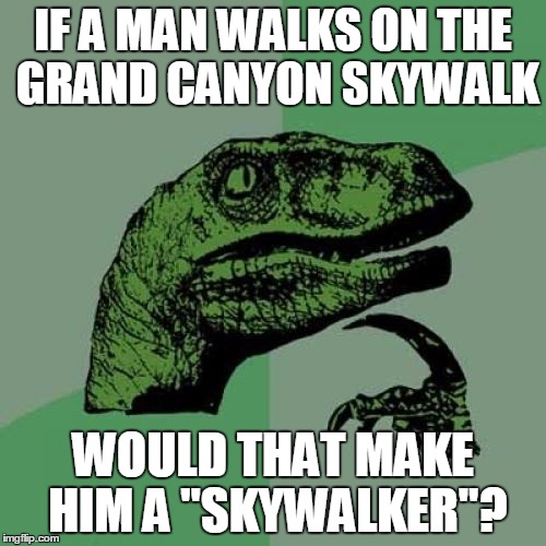 Grand Canyon Skywalker | IF A MAN WALKS ON THE GRAND CANYON SKYWALK; WOULD THAT MAKE HIM A "SKYWALKER"? | image tagged in memes,philosoraptor,the grand canyon,skywalker,become a skywalker | made w/ Imgflip meme maker