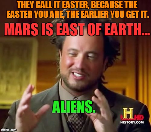 Did Aliens invent Easter? | THEY CALL IT EASTER, BECAUSE THE EASTER YOU ARE, THE EARLIER YOU GET IT. MARS IS EAST OF EARTH... ALIENS. | image tagged in memes,ancient aliens,easter,east,west,earth | made w/ Imgflip meme maker