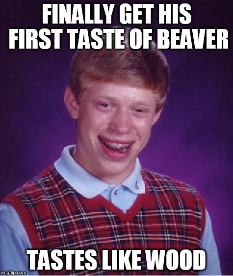 Bad Luck Brian | FINALLY GET HIS FIRST TASTE OF BEAVER; TASTES LIKE WOOD | image tagged in memes,bad luck brian | made w/ Imgflip meme maker