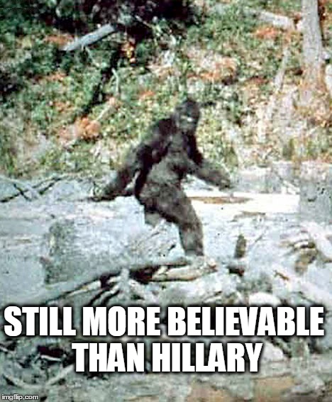 By Far | STILL MORE BELIEVABLE THAN HILLARY | image tagged in hillary clinton,bigfoot | made w/ Imgflip meme maker