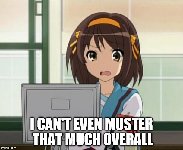 Haruhi Internet disturbed | I CAN'T EVEN MUSTER THAT MUCH OVERALL | image tagged in haruhi internet disturbed | made w/ Imgflip meme maker