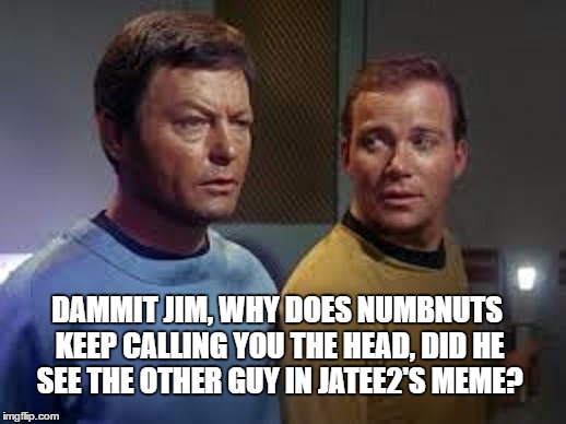 DAMMIT JIM, WHY DOES NUMBNUTS KEEP CALLING YOU THE HEAD, DID HE SEE THE OTHER GUY IN JATEE2'S MEME? | made w/ Imgflip meme maker