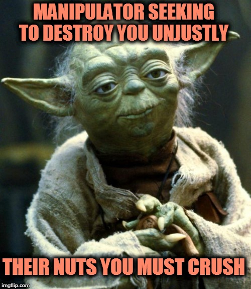 Star Wars Yoda | MANIPULATOR SEEKING TO DESTROY YOU UNJUSTLY; THEIR NUTS YOU MUST CRUSH | image tagged in memes,star wars yoda | made w/ Imgflip meme maker