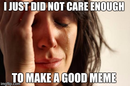 First World Problems Meme | I JUST DID NOT CARE ENOUGH TO MAKE A GOOD MEME | image tagged in memes,first world problems | made w/ Imgflip meme maker