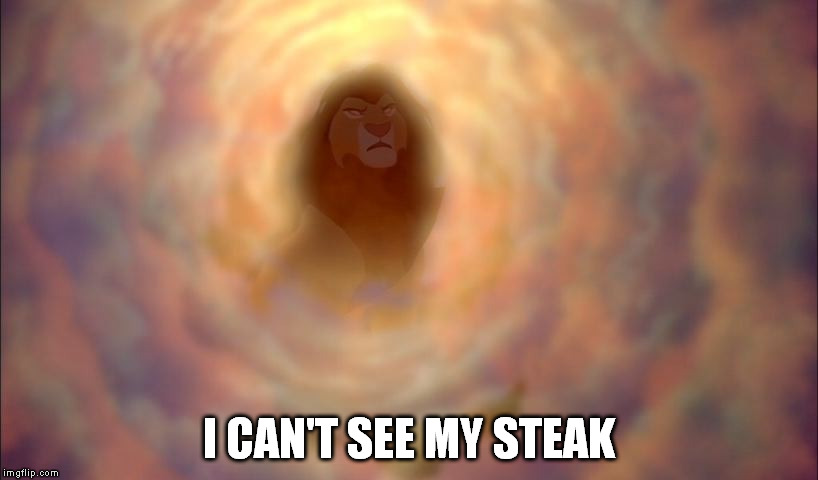 When the only table available is in the smoking area. | I CAN'T SEE MY STEAK | image tagged in memes,mufasa,smoke | made w/ Imgflip meme maker