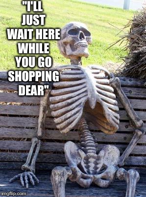 Waiting Skeleton Meme | "I'LL JUST WAIT HERE WHILE YOU GO SHOPPING DEAR" | image tagged in memes,waiting skeleton | made w/ Imgflip meme maker