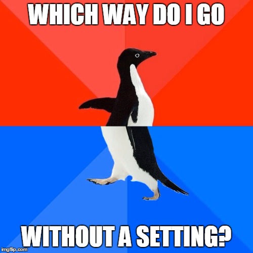 Socially Awesome Awkward Penguin Meme | WHICH WAY DO I GO; WITHOUT A SETTING? | image tagged in memes,socially awesome awkward penguin | made w/ Imgflip meme maker