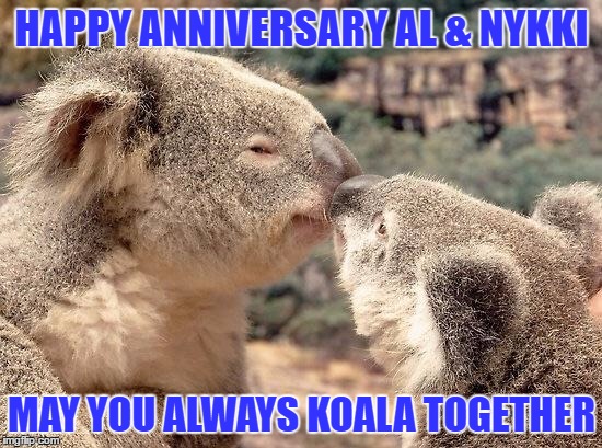 Koala anniversary  | HAPPY ANNIVERSARY AL & NYKKI; MAY YOU ALWAYS KOALA TOGETHER | image tagged in koala anniversary | made w/ Imgflip meme maker