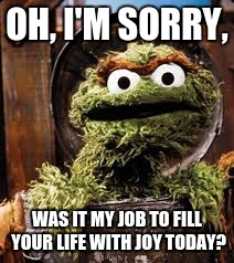 Oscar The Grouch | OH, I'M SORRY, WAS IT MY JOB TO FILL YOUR LIFE WITH JOY TODAY? | image tagged in oscar the grouch,was it my job,sorry | made w/ Imgflip meme maker