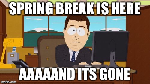 Aaaaand Its Gone Meme | SPRING BREAK IS HERE; AAAAAND ITS GONE | image tagged in memes,aaaaand its gone | made w/ Imgflip meme maker