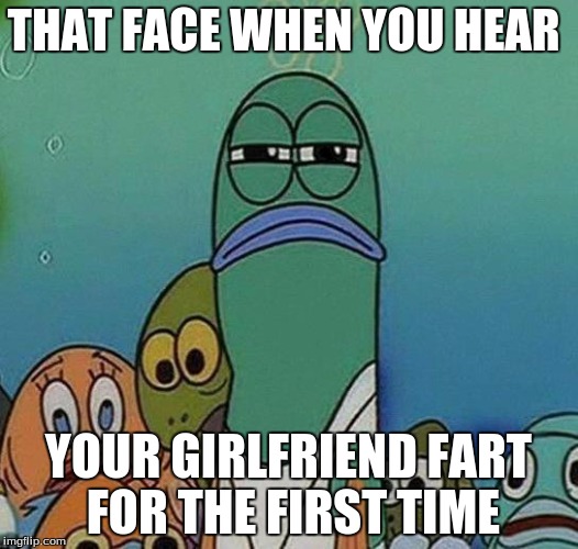 SpongeBob |  THAT FACE WHEN YOU HEAR; YOUR GIRLFRIEND FART FOR THE FIRST TIME | image tagged in spongebob | made w/ Imgflip meme maker
