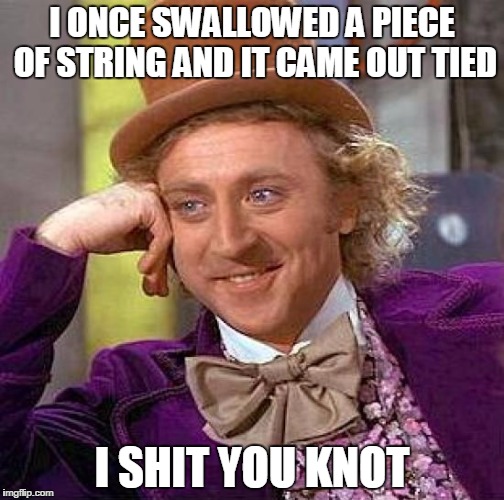 Creepy Condescending Wonka | I ONCE SWALLOWED A PIECE OF STRING AND IT CAME OUT TIED; I SHIT YOU KNOT | image tagged in memes,creepy condescending wonka | made w/ Imgflip meme maker