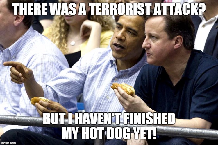 While Obama enjoys a baseball game | THERE WAS A TERRORIST ATTACK? BUT I HAVEN'T FINISHED MY HOT DOG YET! | image tagged in obama hot dog,obama,meme,memes | made w/ Imgflip meme maker