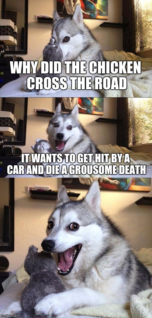 Bad Pun Dog | WHY DID THE CHICKEN CROSS THE ROAD; IT WANTS TO GET HIT BY A CAR AND DIE A GROUSOME DEATH | image tagged in memes,bad pun dog | made w/ Imgflip meme maker