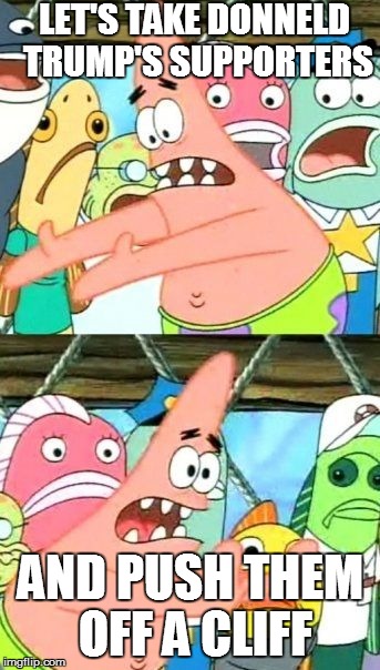 Put It Somewhere Else Patrick | LET'S TAKE DONNELD TRUMP'S SUPPORTERS; AND PUSH THEM OFF A CLIFF | image tagged in memes,put it somewhere else patrick | made w/ Imgflip meme maker
