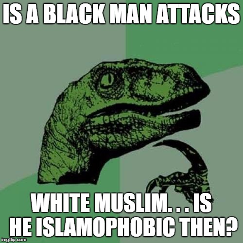 Philosoraptor Meme | IS A BLACK MAN ATTACKS WHITE MUSLIM. . . IS HE ISLAMOPHOBIC THEN? | image tagged in memes,philosoraptor | made w/ Imgflip meme maker