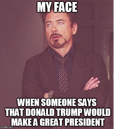 Face You Make Robert Downey Jr Meme | MY FACE; WHEN SOMEONE SAYS THAT DONALD TRUMP WOULD MAKE A GREAT PRESIDENT | image tagged in memes,face you make robert downey jr | made w/ Imgflip meme maker