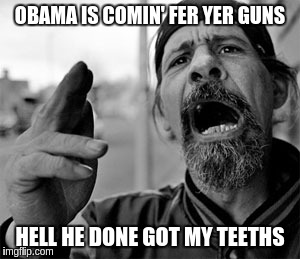 OBAMA IS COMIN' FER YER GUNS; HELL HE DONE GOT MY TEETHS | image tagged in they're takin' yer guns | made w/ Imgflip meme maker