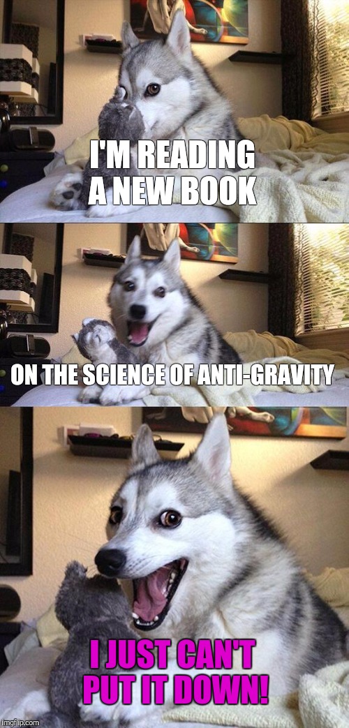Bad Pun Dog Meme | I'M READING A NEW BOOK; ON THE SCIENCE OF ANTI-GRAVITY; I JUST CAN'T PUT IT DOWN! | image tagged in memes,bad pun dog | made w/ Imgflip meme maker