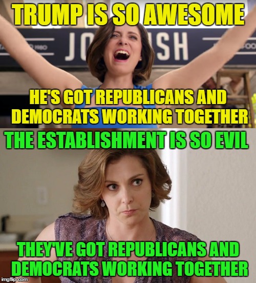 Trump Supporters Be Like | TRUMP IS SO AWESOME; HE'S GOT REPUBLICANS AND DEMOCRATS WORKING TOGETHER; THE ESTABLISHMENT IS SO EVIL; THEY'VE GOT REPUBLICANS AND DEMOCRATS WORKING TOGETHER | image tagged in donald trump approves,election 2016,liberals vs conservatives,voting,political memes,stupid people | made w/ Imgflip meme maker