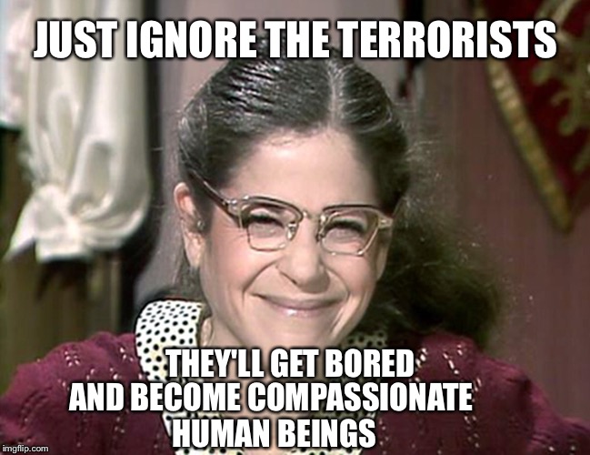 Emily Litella | JUST IGNORE THE TERRORISTS; THEY'LL GET BORED; AND BECOME COMPASSIONATE HUMAN BEINGS | image tagged in emily litella | made w/ Imgflip meme maker