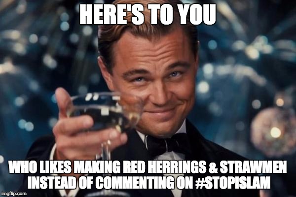 HERE'S TO YOU WHO LIKES MAKING RED HERRINGS & STRAWMEN INSTEAD OF COMMENTING ON #STOPISLAM | image tagged in memes,leonardo dicaprio cheers | made w/ Imgflip meme maker