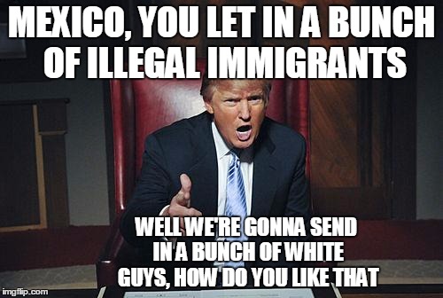 Donald Trump You're Fired | MEXICO, YOU LET IN A BUNCH OF ILLEGAL IMMIGRANTS; WELL WE'RE GONNA SEND IN A BUNCH OF WHITE GUYS, HOW DO YOU LIKE THAT | image tagged in donald trump you're fired | made w/ Imgflip meme maker