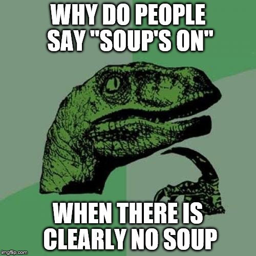 Philosoraptor Meme | WHY DO PEOPLE SAY "SOUP'S ON"; WHEN THERE IS CLEARLY NO SOUP | image tagged in memes,philosoraptor | made w/ Imgflip meme maker