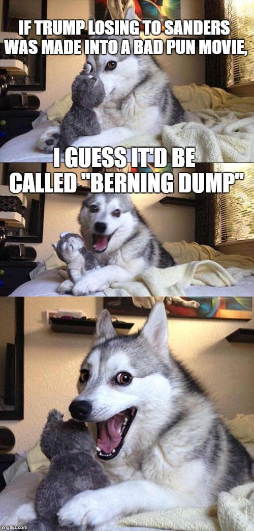 Bad Pun Dog Meme | IF TRUMP LOSING TO SANDERS WAS MADE INTO A BAD PUN MOVIE, I GUESS IT'D BE CALLED "BERNING DUMP" | image tagged in memes,bad pun dog | made w/ Imgflip meme maker