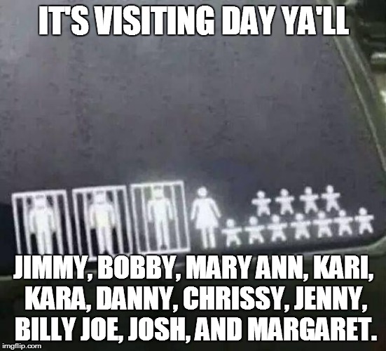 In The Hood | IT'S VISITING DAY YA'LL; JIMMY, BOBBY, MARY ANN, KARI, KARA, DANNY, CHRISSY, JENNY, BILLY JOE, JOSH, AND MARGARET. | image tagged in in the hood | made w/ Imgflip meme maker
