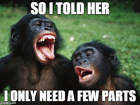Bonobo Lyfe | SO I TOLD HER; I ONLY NEED A FEW PARTS | image tagged in memes,bonobo lyfe | made w/ Imgflip meme maker