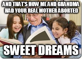 Storytelling Grandpa | AND THAT'S HOW ME AND GRANDMA HAD YOUR REAL MOTHER ABORTED; SWEET DREAMS | image tagged in memes,storytelling grandpa | made w/ Imgflip meme maker