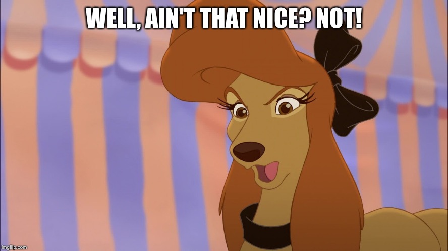 Well Ain't That Nice? Not! | WELL, AIN'T THAT NICE? NOT! | image tagged in dixie,memes,disney,the fox and the hound 2,reba mcentire,dog | made w/ Imgflip meme maker