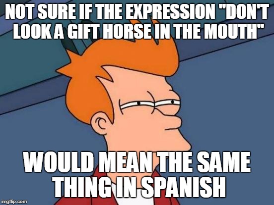 Futurama Fry Meme | NOT SURE IF THE EXPRESSION "DON'T LOOK A GIFT HORSE IN THE MOUTH" WOULD MEAN THE SAME THING IN SPANISH | image tagged in memes,futurama fry | made w/ Imgflip meme maker