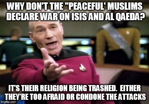 Picard Wtf Meme | WHY DON'T THE "PEACEFUL' MUSLIMS DECLARE WAR ON ISIS AND AL QAEDA? IT'S THEIR RELIGION BEING TRASHED.  EITHER THEY'RE TOO AFRAID OR CONDONE THE ATTACKS | image tagged in memes,picard wtf | made w/ Imgflip meme maker