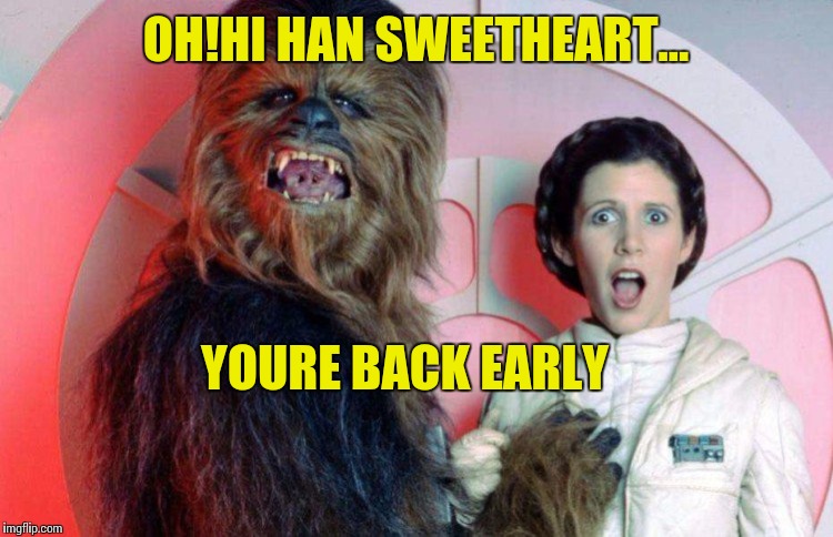 whats Han gonna say? | OH!HI HAN SWEETHEART... YOURE BACK EARLY | image tagged in mucky wookie,star wars,slutty leia,betrayal | made w/ Imgflip meme maker