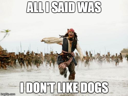 For the record, I love dogs, but this seems to be the reaction when you hear someone who does not. | ALL I SAID WAS; I DON'T LIKE DOGS | image tagged in memes,jack sparrow being chased | made w/ Imgflip meme maker