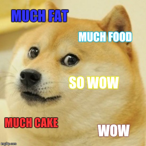 Doge | MUCH FAT; MUCH FOOD; SO WOW; MUCH CAKE; WOW | image tagged in memes,doge | made w/ Imgflip meme maker