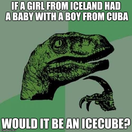 Philosoraptor Meme | IF A GIRL FROM ICELAND HAD A BABY WITH A BOY FROM CUBA; WOULD IT BE AN ICECUBE? | image tagged in memes,philosoraptor | made w/ Imgflip meme maker