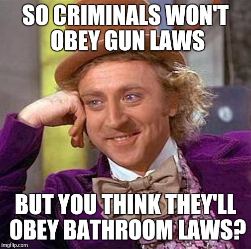 Creepy Condescending Wonka Meme | SO CRIMINALS WON'T OBEY GUN LAWS; BUT YOU THINK THEY'LL OBEY BATHROOM LAWS? | image tagged in memes,creepy condescending wonka | made w/ Imgflip meme maker