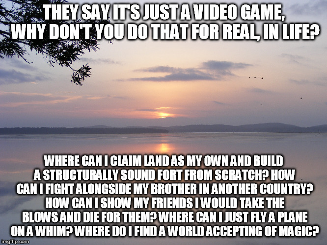 It really gets on my nerves sometimes... | THEY SAY IT'S JUST A VIDEO GAME, WHY DON'T YOU DO THAT FOR REAL, IN LIFE? WHERE CAN I CLAIM LAND AS MY OWN AND BUILD A STRUCTURALLY SOUND FORT FROM SCRATCH? HOW CAN I FIGHT ALONGSIDE MY BROTHER IN ANOTHER COUNTRY? HOW CAN I SHOW MY FRIENDS I WOULD TAKE THE BLOWS AND DIE FOR THEM? WHERE CAN I JUST FLY A PLANE ON A WHIM? WHERE DO I FIND A WORLD ACCEPTING OF MAGIC? | image tagged in memes,gamer,video games,nakama,dreams,lake | made w/ Imgflip meme maker