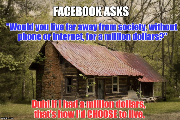 Secluded Cabin | FACEBOOK ASKS; "Would you live far away from society, without phone or internet, for a million dollars?"; Duh! If I had a million dollars, that's how I'd CHOOSE to live. | image tagged in secluded cabin | made w/ Imgflip meme maker