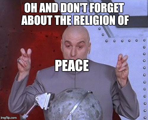 Dr Evil Laser Meme | OH AND DON'T FORGET ABOUT THE RELIGION OF PEACE | image tagged in memes,dr evil laser | made w/ Imgflip meme maker