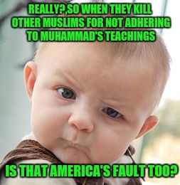 Skeptical Baby Meme | REALLY?,SO WHEN THEY KILL OTHER MUSLIMS FOR NOT ADHERING TO MUHAMMAD'S TEACHINGS IS THAT AMERICA'S FAULT TOO? | image tagged in memes,skeptical baby | made w/ Imgflip meme maker