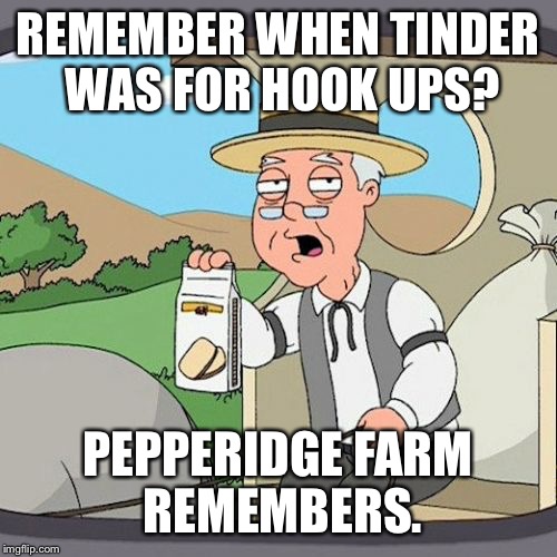 Pepperidge Farm Remembers Meme | REMEMBER WHEN TINDER WAS FOR HOOK UPS? PEPPERIDGE FARM REMEMBERS. | image tagged in memes,pepperidge farm remembers | made w/ Imgflip meme maker