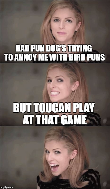 Bad Pun Anna Kendrick Meme | BAD PUN DOG'S TRYING TO ANNOY ME WITH BIRD PUNS; BUT TOUCAN PLAY AT THAT GAME | image tagged in memes,bad pun anna kendrick | made w/ Imgflip meme maker