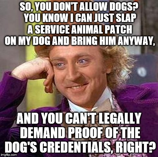 If You Ever Wanted to Chill with Your Dog in the Movie Theater, Now You Know | SO, YOU DON'T ALLOW DOGS? YOU KNOW I CAN JUST SLAP A SERVICE ANIMAL PATCH ON MY DOG AND BRING HIM ANYWAY, AND YOU CAN'T LEGALLY DEMAND PROOF OF THE DOG'S CREDENTIALS, RIGHT? | image tagged in memes,creepy condescending wonka | made w/ Imgflip meme maker